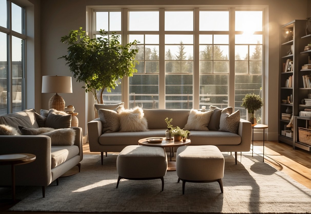 A cozy living room with a modern sofa, a coffee table, and a bookshelf. A small dining area with a table and chairs. Bright natural light coming in through the windows