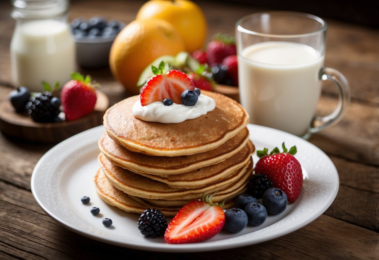 A stack of whole grain protein pancakes with a side of fresh fruit and a dollop of yogurt on a rustic wooden table