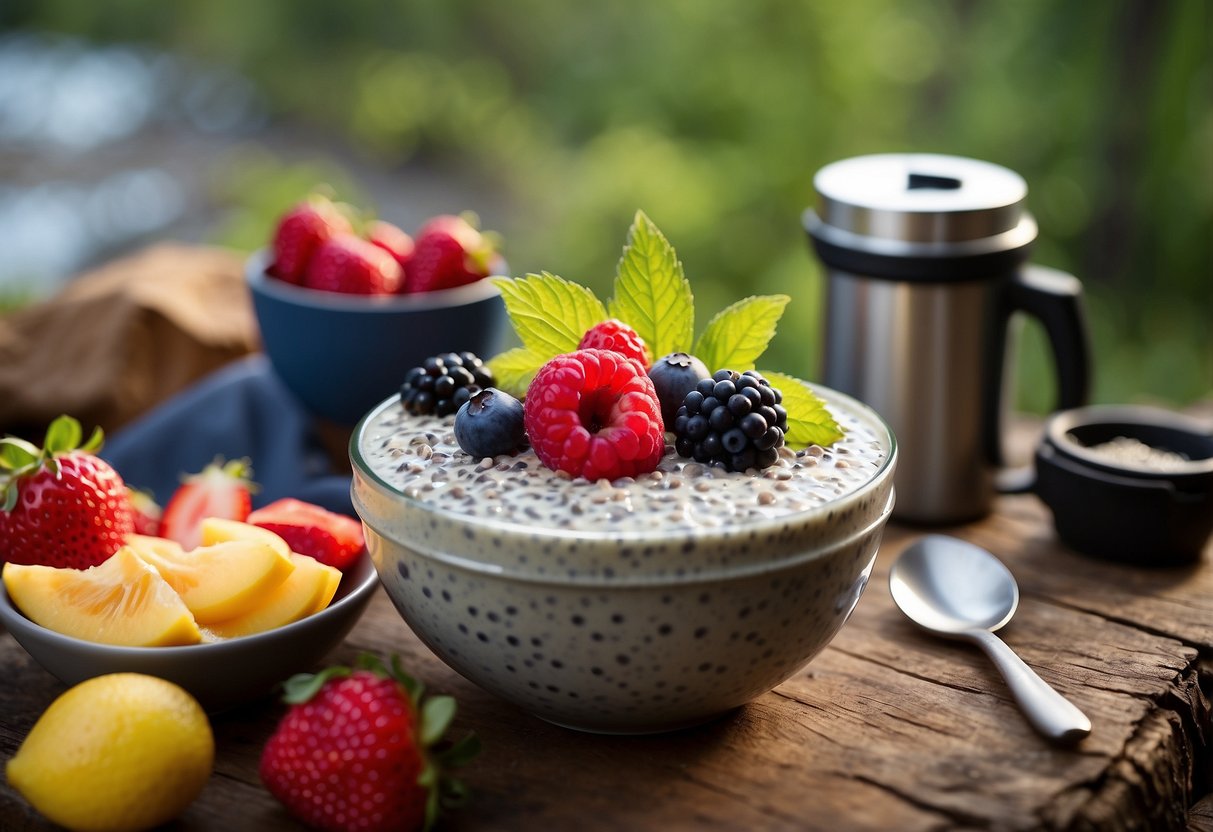 A bowl of chia seed pudding topped with colorful fresh fruit, set against a backdrop of a rustic camping scene with a backpack and outdoor gear