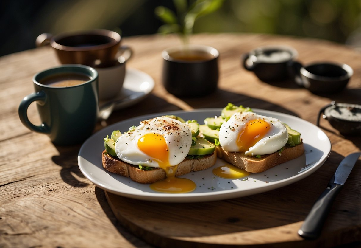 A plate of avocado toast topped with a perfectly poached egg sits on a rustic wooden table, surrounded by hiking gear and a steaming cup of coffee