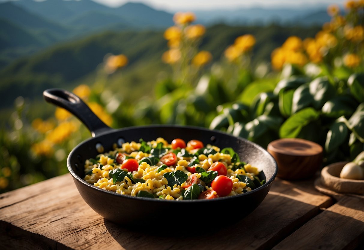 A sizzling skillet with a colorful veggie scramble, featuring vibrant green spinach and juicy red tomatoes, surrounded by a backdrop of rugged outdoor scenery