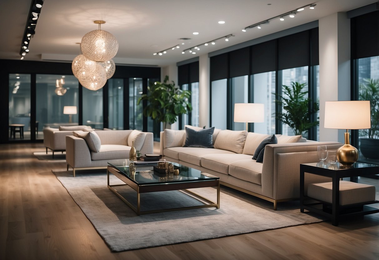 A sleek, modern showroom displays designer furniture in a well-lit space with clean lines and minimalistic decor