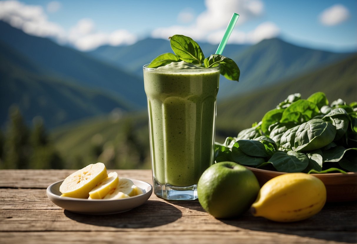 A glass filled with a green smoothie made from spinach, banana, and protein powder sits on a rustic wooden table, surrounded by hiking gear and a scenic outdoor backdrop