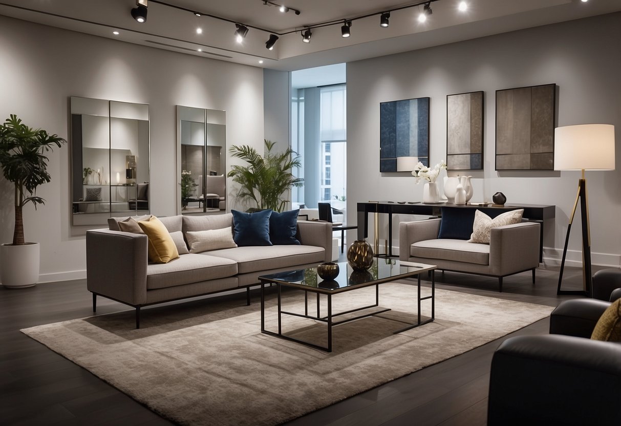 A sleek, modern showroom displays designer furniture. A salesperson engages with a potential customer, showcasing the quality and features of the pieces