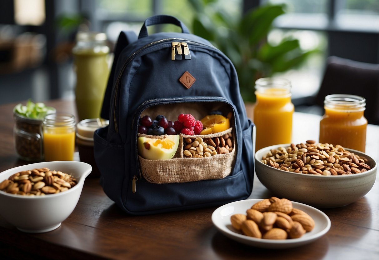 A backpack with various breakfast items, such as granola, fruit, and nuts, neatly organized and stored in individual containers