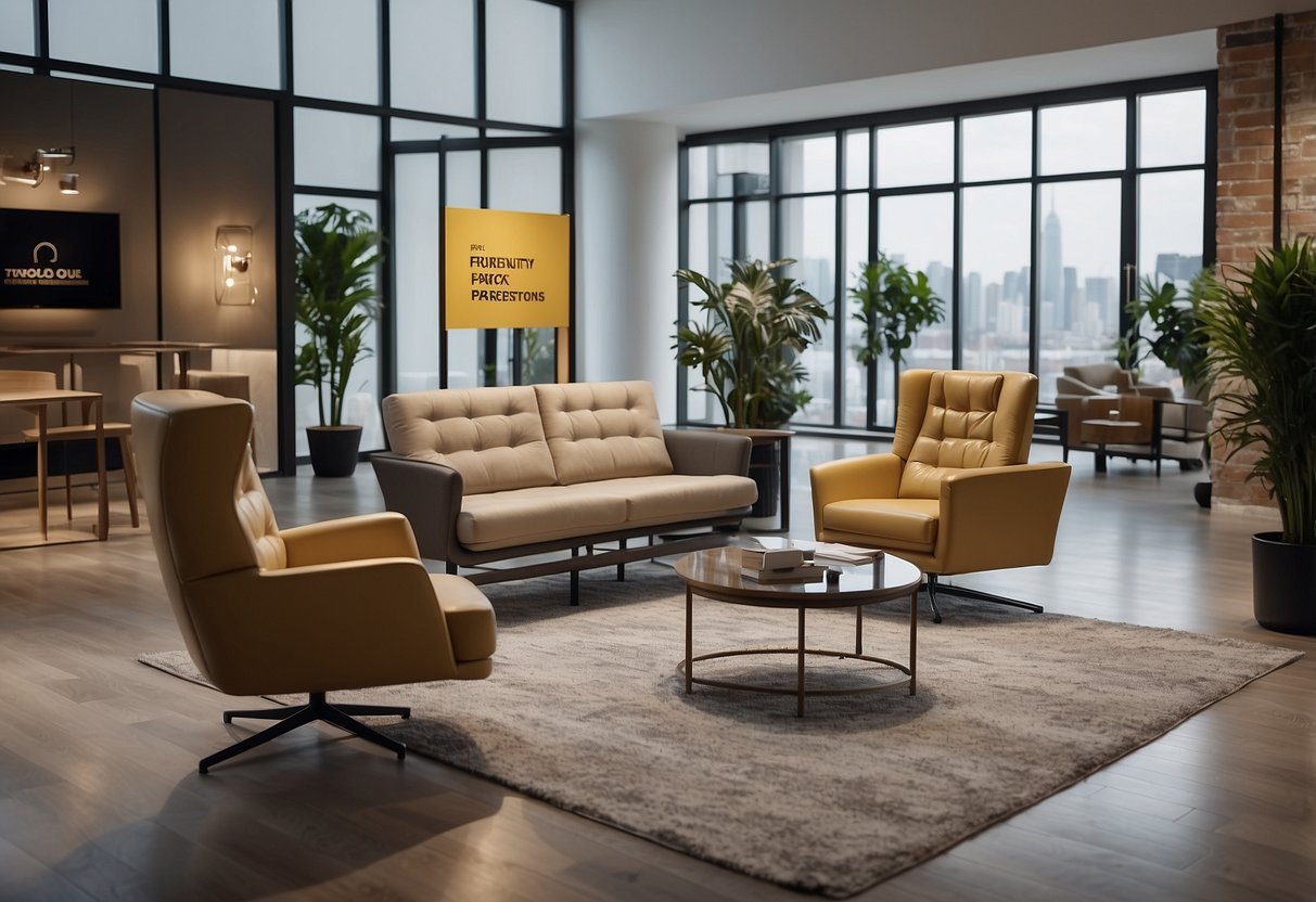A modern showroom displays stylish furniture with a sign reading "Frequently Asked Questions" prominently placed