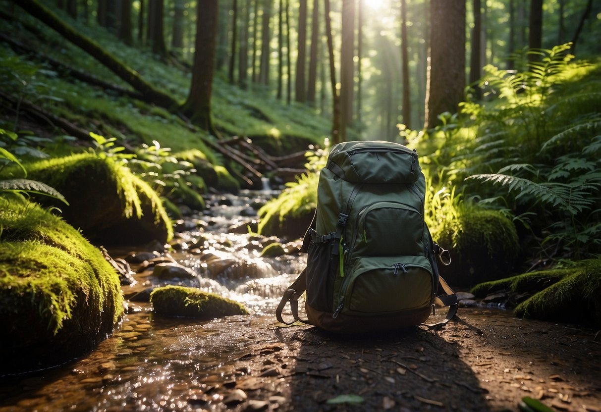 A winding trail through a lush forest, with a clear stream running alongside. Sunlight filters through the trees, casting dappled shadows on the ground. A hiker's backpack sits open, with a water bottle and hydration pack spilling out