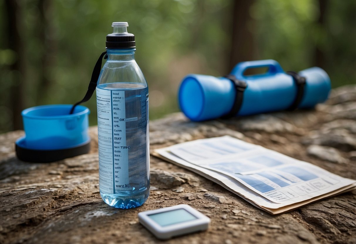 A water bottle with measurement markings sits next to a trail map and a list of "7 Tips for Staying Hydrated." The bottle is being filled with water at a steady rate of 1 liter per hour