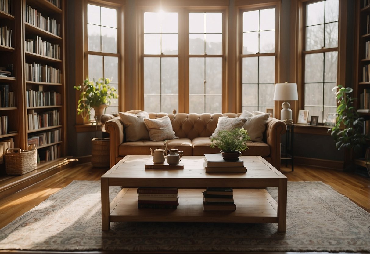 A cozy living room with a comfortable sofa, a stylish coffee table, and a bookshelf filled with books. A large window lets in natural light, and a rug ties the room together