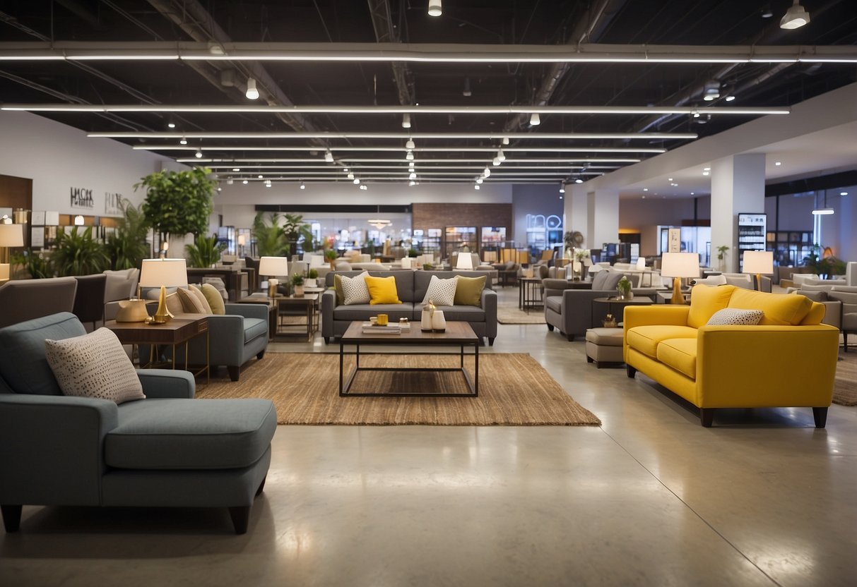 Brightly lit showroom with rows of discounted furniture. Large clearance signs hang overhead. Customers browse through various pieces, while staff members assist with inquiries