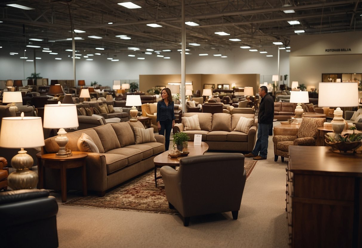 Customers perusing discounted furniture in a spacious showroom with bright lighting and neatly arranged displays at High Point Furniture sales clearance center