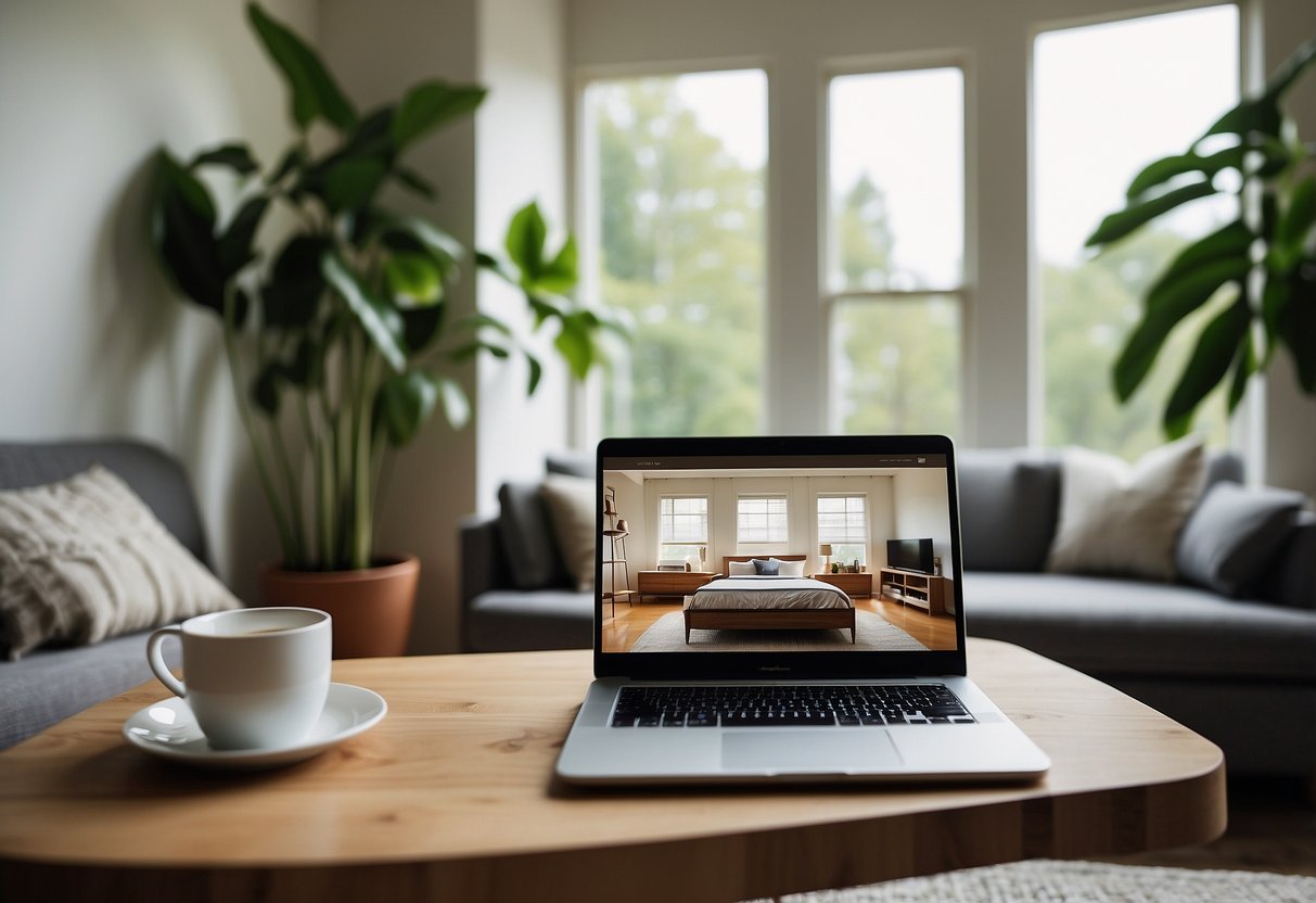 A laptop displaying a variety of furniture options on a clean, modern living room setting. Bright natural light streams in from a nearby window, creating a warm and inviting atmosphere