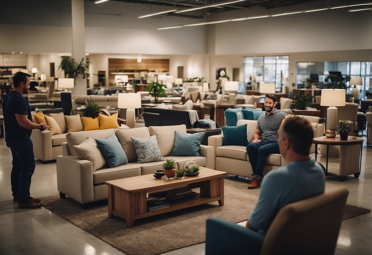 A bustling furniture sales clearance center with happy customers browsing through high-quality items and receiving excellent customer service