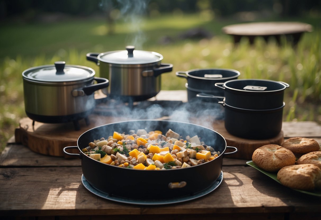 A campsite with 5 different backpacking stoves set up on a picnic table, each with a pot or pan on top, steaming with a freshly cooked meal