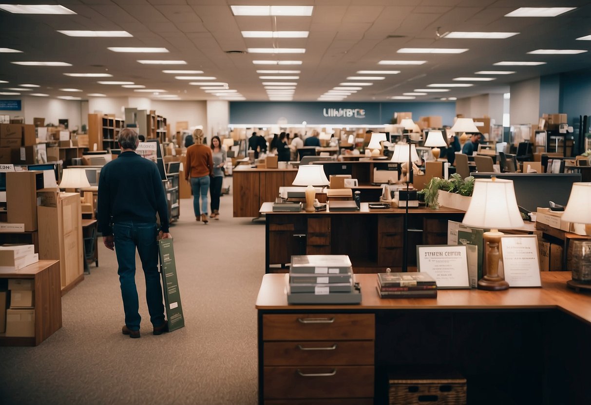 A bustling furniture clearance center with customers browsing, staff assisting, and signage promoting high point sales