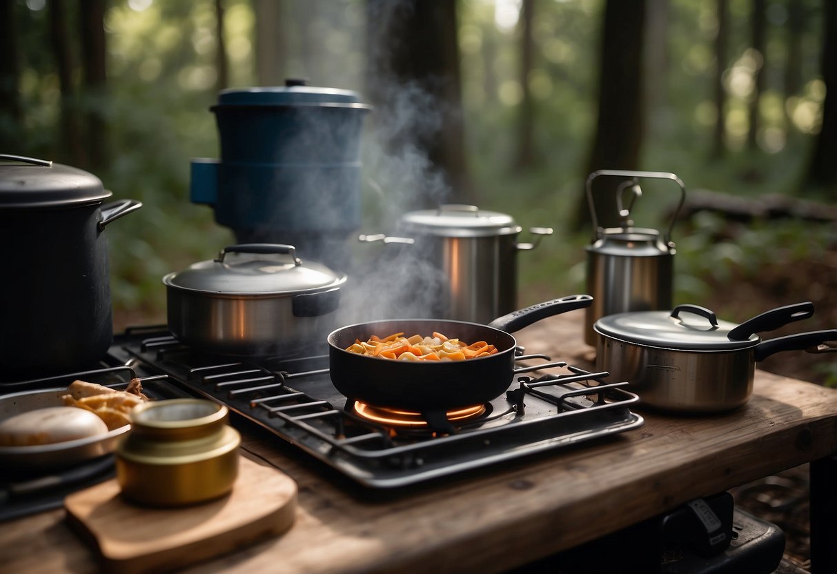 A backpacking stove sits on a flat surface, with a fuel canister nearby. A pot of boiling water steams on the stove, surrounded by a few cooking utensils. A safety manual lays open next to the stove