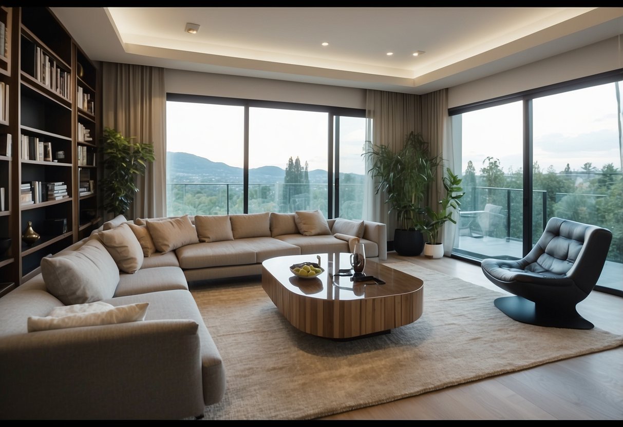 A spacious living room with a cozy sofa, coffee table, and bookshelves. A modern dining area with a sleek table and chairs. A comfortable bedroom with a stylish bed, nightstands, and a dresser