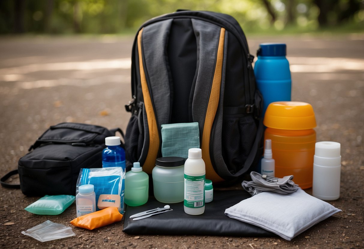 A backpack open on the ground, with a first aid kit, bandages, antiseptic wipes, scissors, tweezers, pain relievers, adhesive tape, a thermal blanket, gloves, and a CPR mask spread out next to it