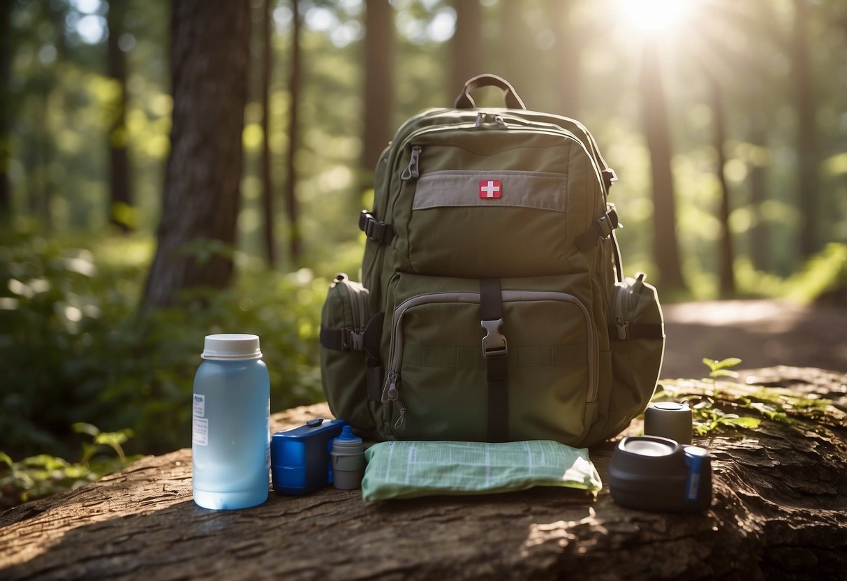 A hiker's backpack with a first aid kit, water bottle, and map on a trail with sunlight filtering through the trees