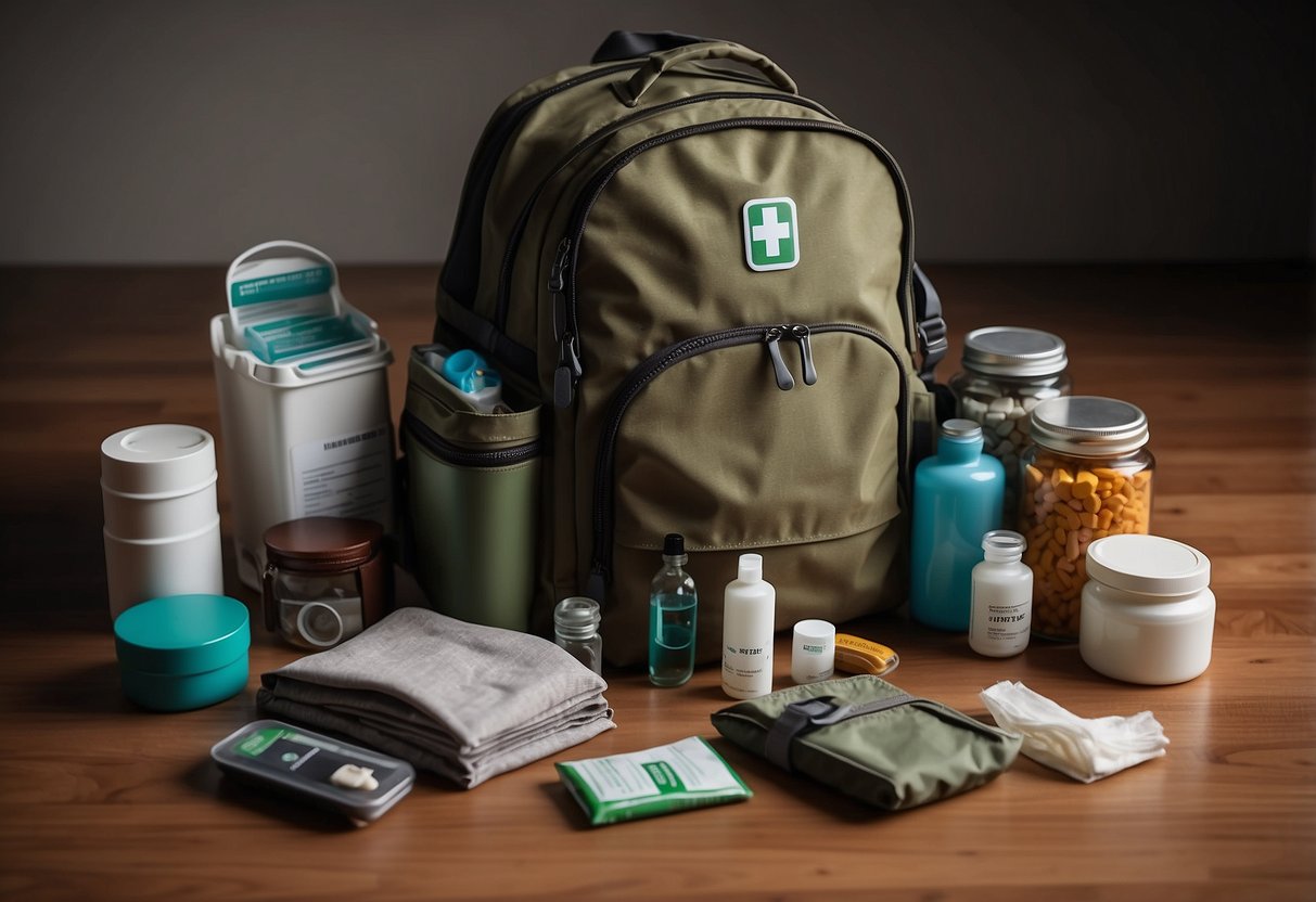 A backpack sits open on the ground, revealing a DeftGet First Aid Kit with 10 essential items neatly organized inside