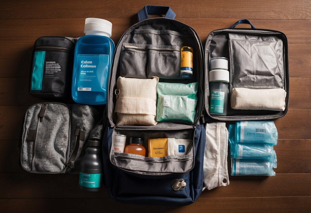 A backpack lays open, revealing a Coleman All Purpose Essentials First Aid Kit. Items such as bandages, antiseptic wipes, and gauze are neatly organized inside