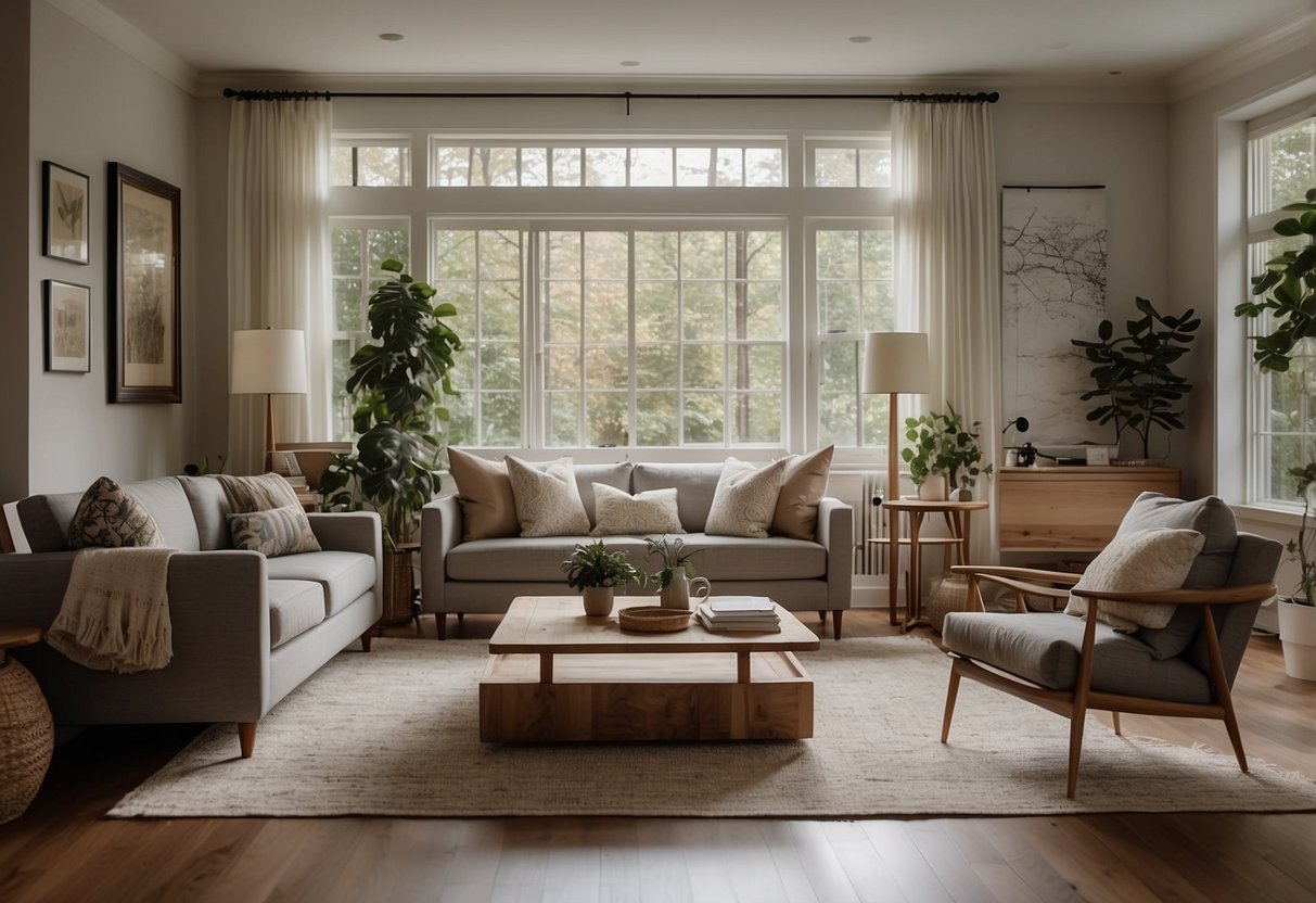 A cozy living room with a laptop open to a website titled "Frequently Asked Questions home furniture online." A comfortable sofa and coffee table complete the scene