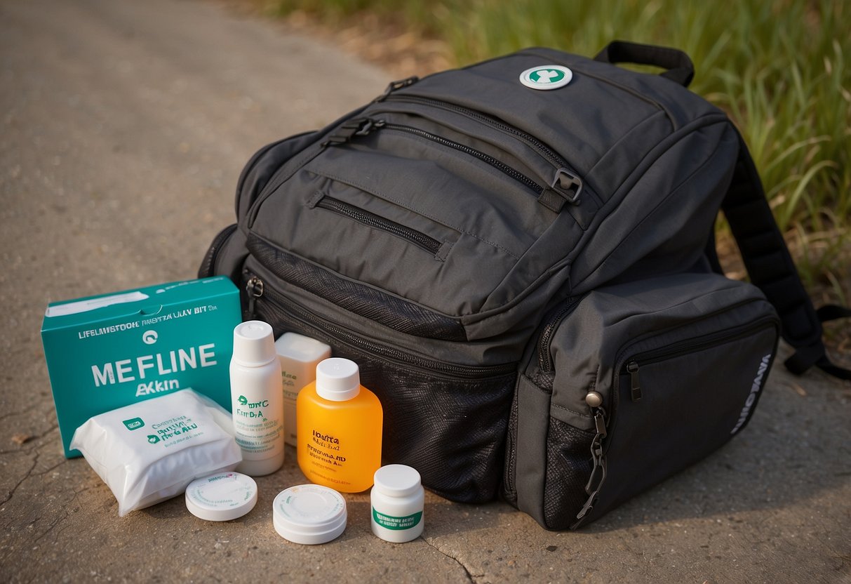 A backpack lies open on the ground, revealing a MediTac Premium First Aid Kit. Ten essential first aid items are neatly organized inside