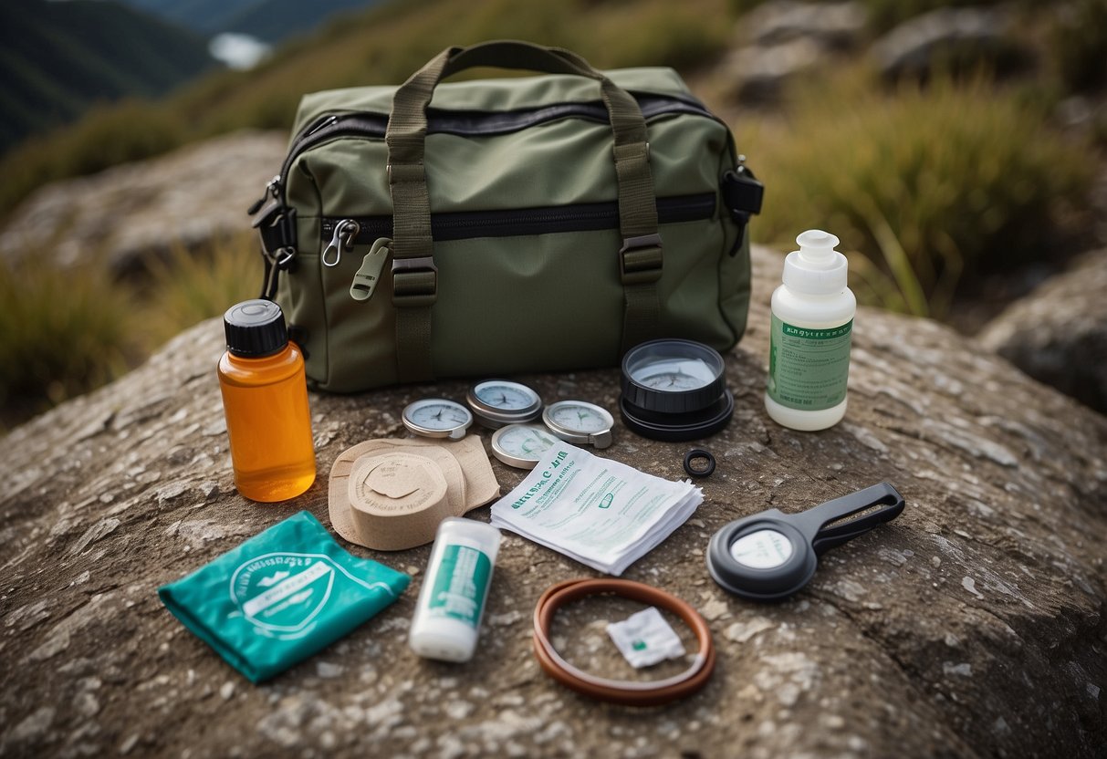 A backpacker's first aid kit laid out on a rocky trail: bandages, antiseptic wipes, tweezers, and a whistle, alongside a map and compass