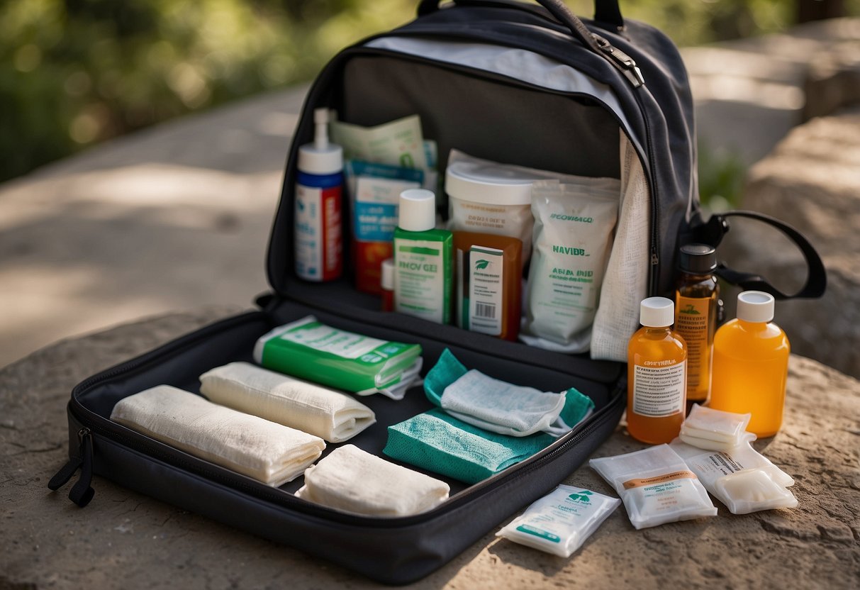 First aid items arranged neatly in a backpack: bandages, gauze, antiseptic wipes, scissors, tweezers, adhesive tape, pain relievers, insect repellent, sunscreen, and a first aid manual