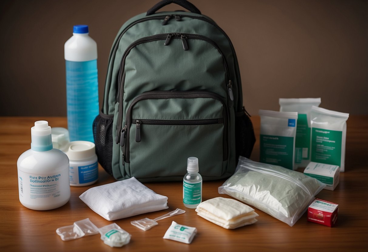 A backpack lying open with essential first aid items spilling out: bandages, antiseptic wipes, adhesive strips, gauze, scissors, and a first aid manual