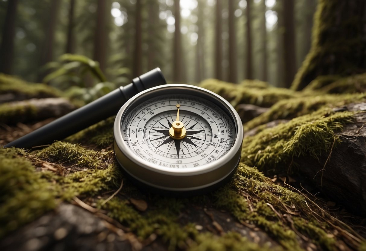 A winding trail cuts through dense forest, with a distant mountain peak visible. A compass and map lay on the ground, surrounded by various navigational tools like a GPS device and a hiking stick