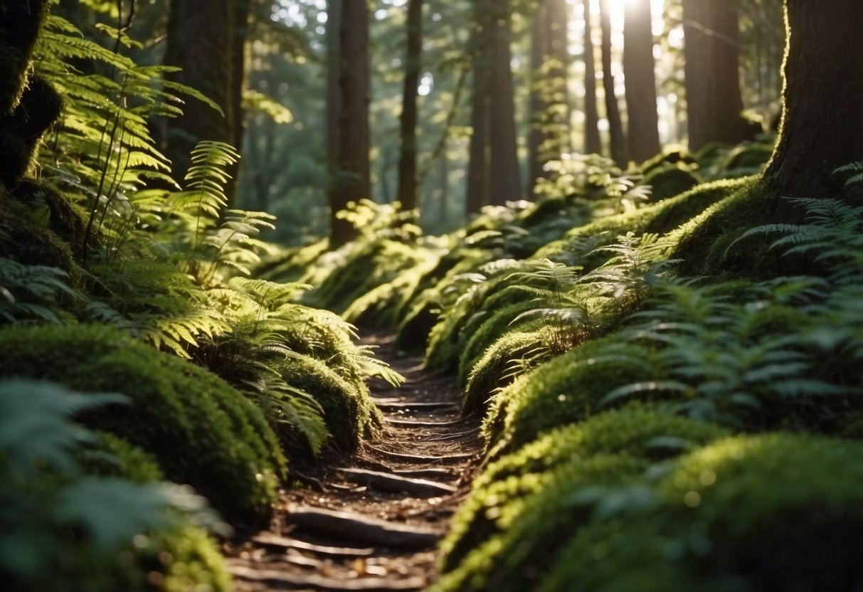 Lush forest floor with various edible plants, moss-covered rocks, and a winding trail. Sunlight filters through the canopy, casting dappled shadows