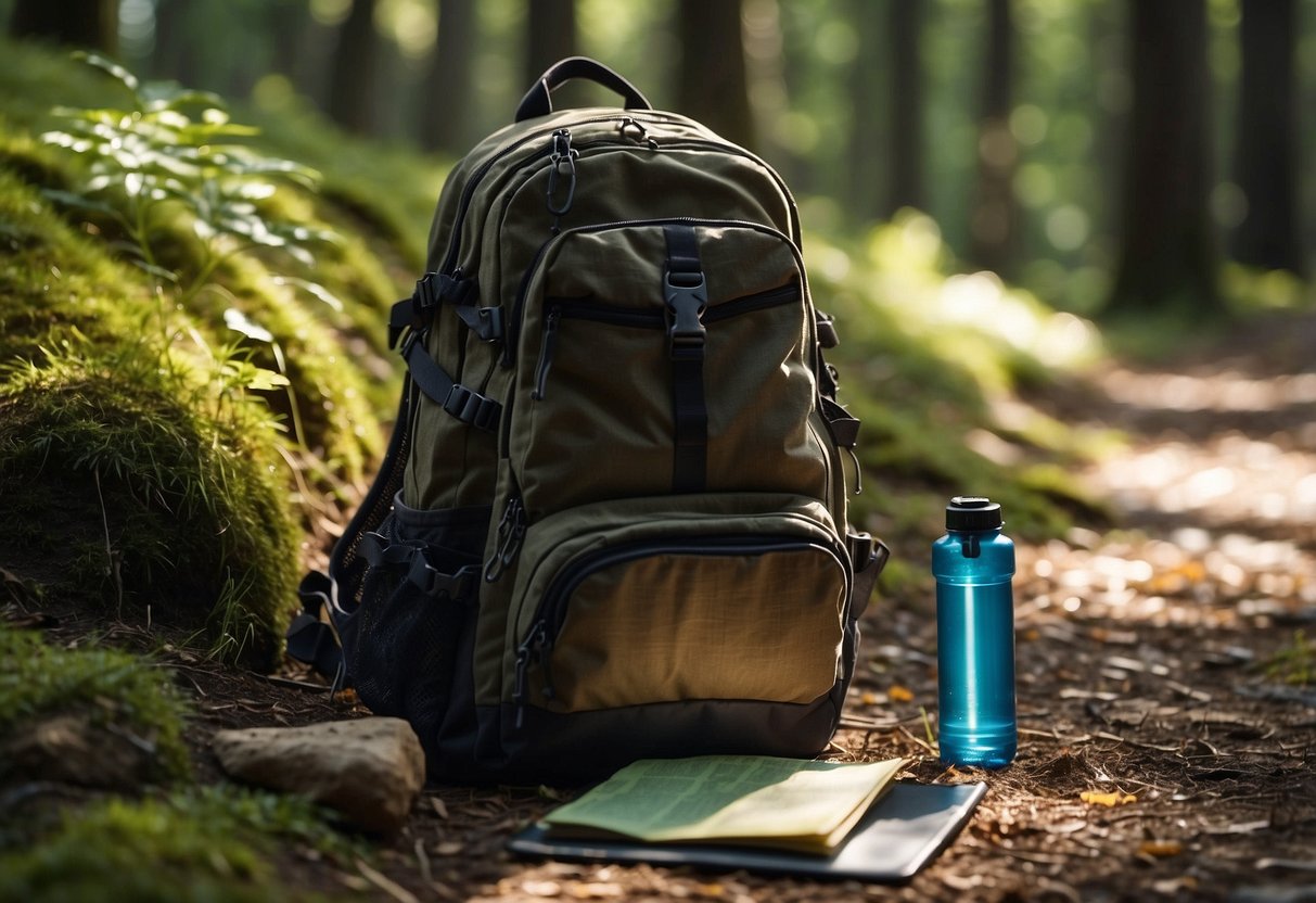 A backpack lies open on the ground, filled with a map, compass, water bottle, flashlight, first aid kit, and snacks. The sun shines through the trees, casting dappled shadows on the gear