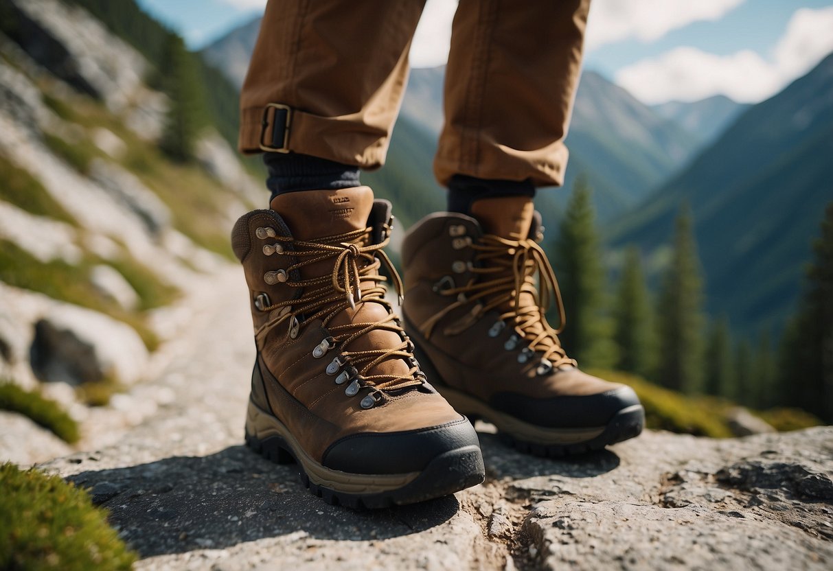 A mountainous landscape with a trail winding through rocky terrain. A pair of sturdy hiking boots stands on a rugged path, surrounded by towering trees and distant peaks