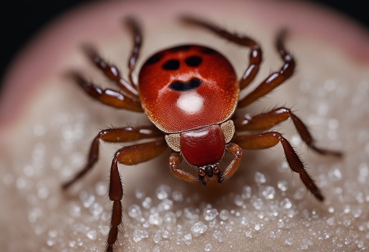 A tick embedded in a patch of skin, with a red bullseye rash surrounding the bite