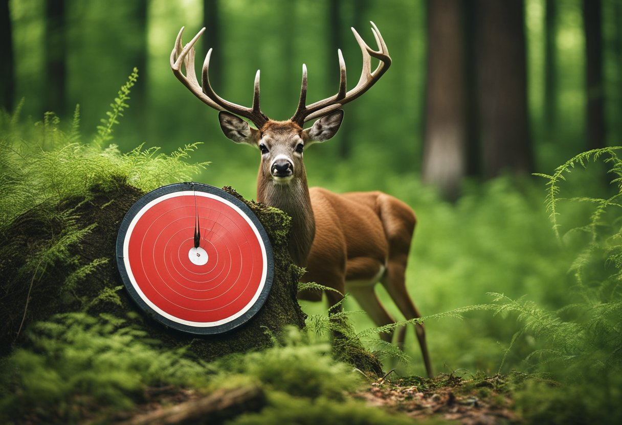 A forest clearing with a tick on a blade of grass, surrounded by deer and small mammals. A red bullseye rash on a tree trunk