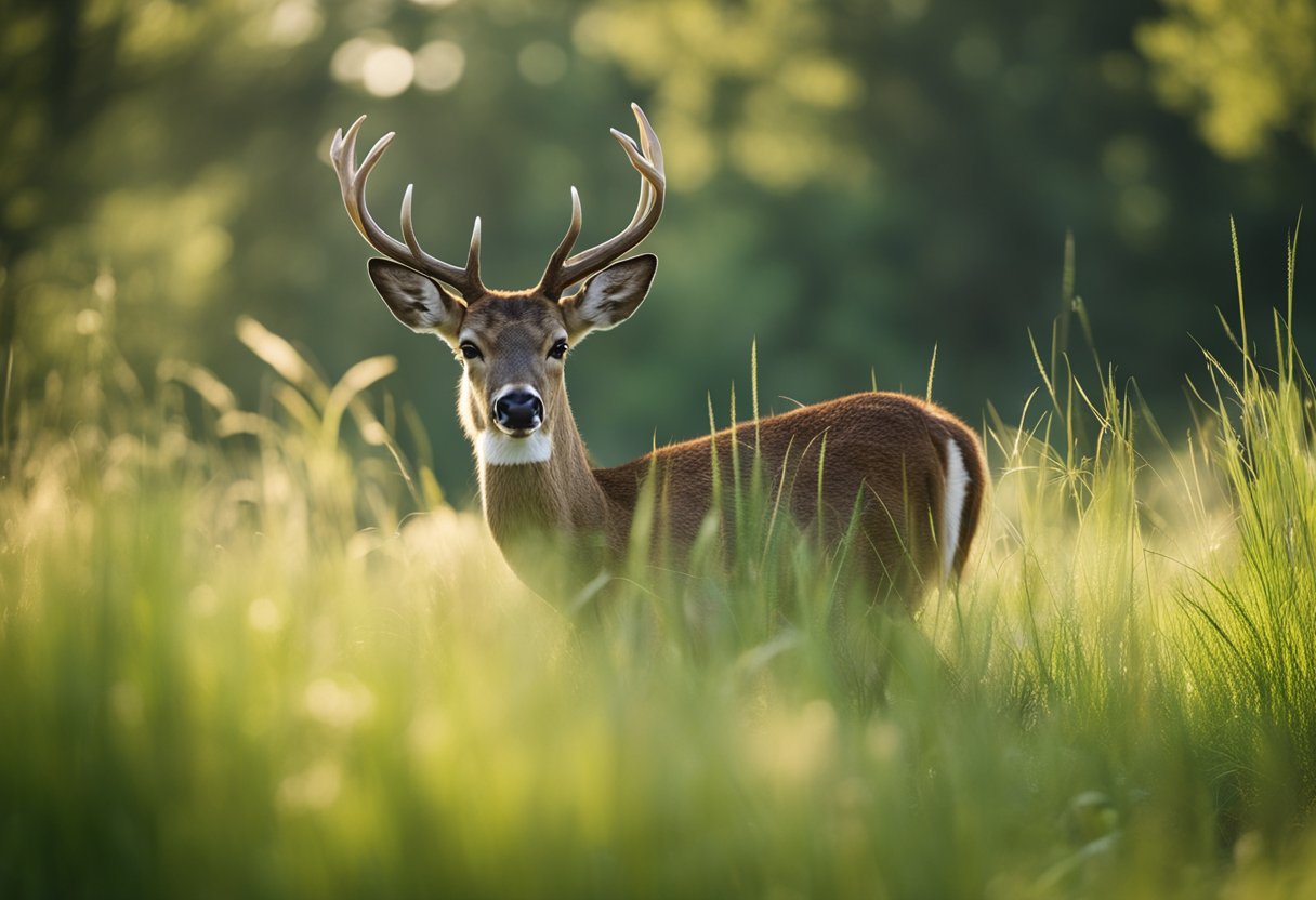 A woodland scene with a deer grazing in tall grass, while a tick sits on a blade of grass nearby