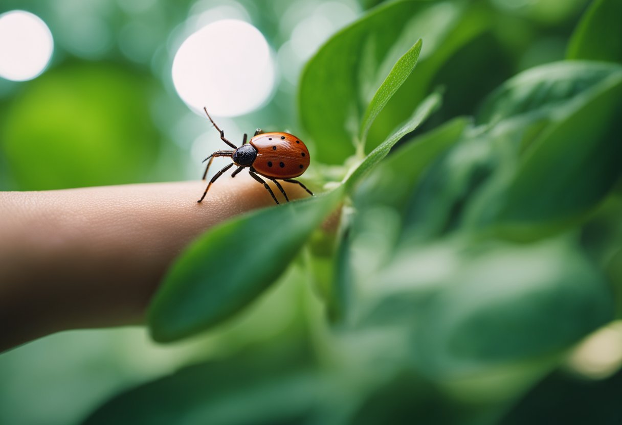 A tick attached to a leafy branch, with a red bullseye rash on a person's leg in the background