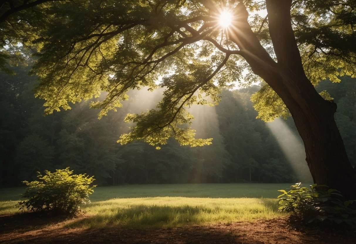 Sunlight filters through the dense canopy onto a clearing with scattered cushions. A serene atmosphere surrounds the area, with birds chirping and a gentle breeze rustling the leaves