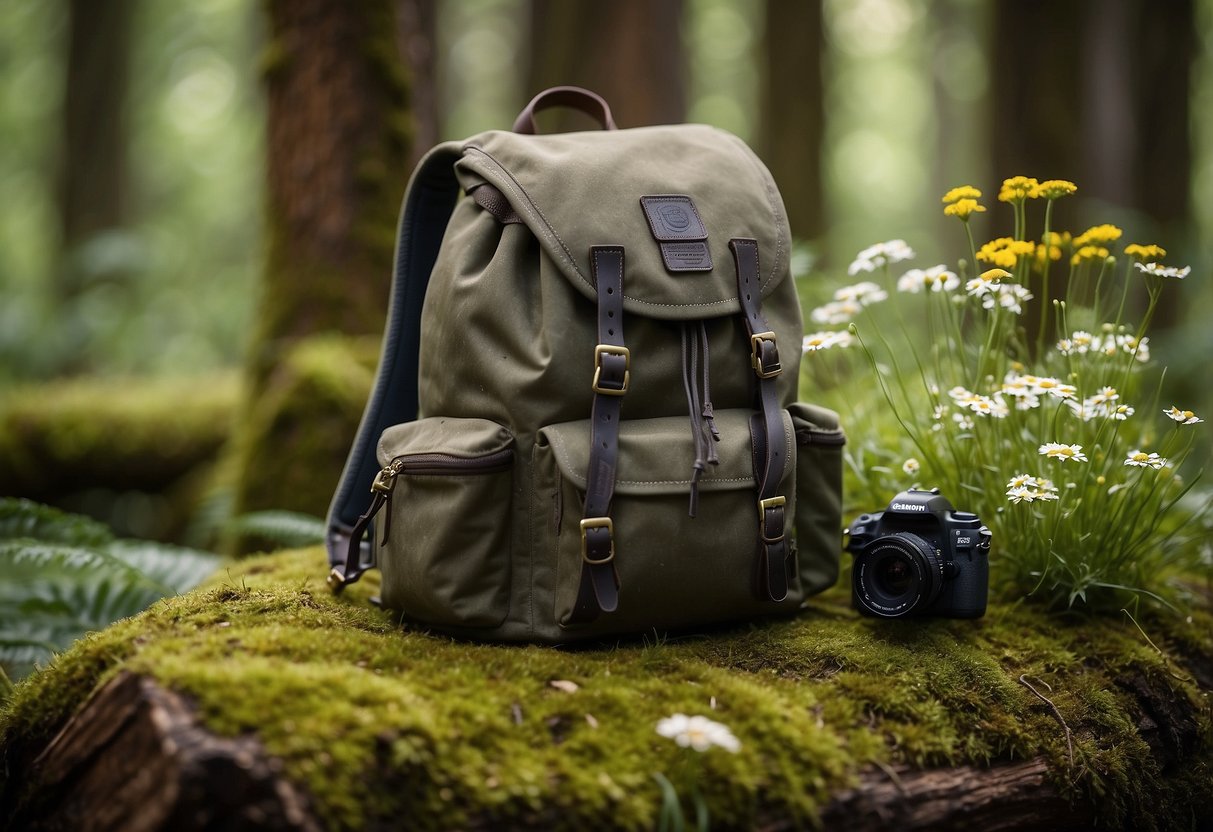 A backpack sits on a moss-covered log, surrounded by wildflowers and towering trees. A camera and tripod are propped up nearby, ready to capture the beauty of the natural surroundings