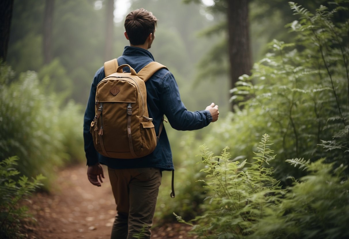 A person points at various wild plants while holding a backpack. Surrounding them are trees, bushes, and a clear trail for hiking