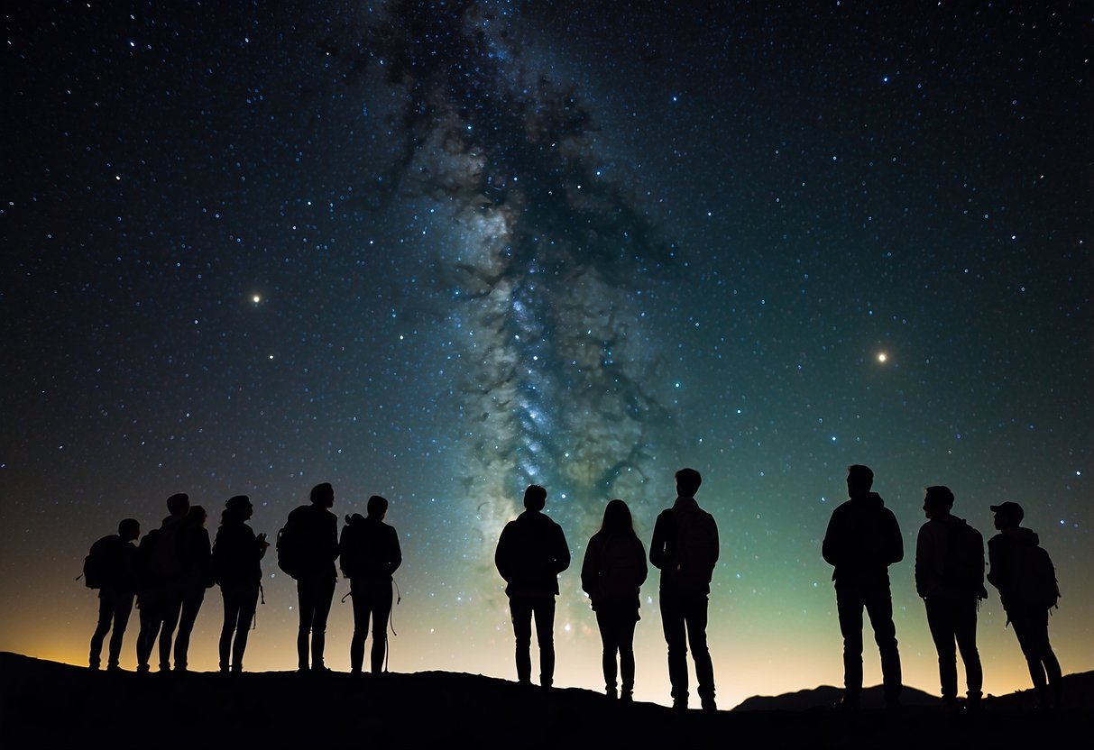 A clear night sky with twinkling stars, a telescope pointing upwards, and a group of backpackers gathered around, learning about constellations and astronomy