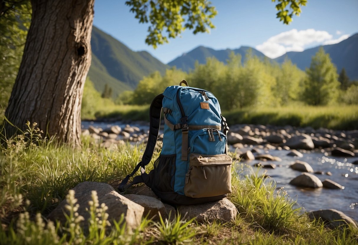 A backpack rests against a tree, next to a bubbling stream. Mountains rise in the distance, with a clear blue sky overhead. Wildflowers dot the grassy meadow, and a small campfire smolders nearby