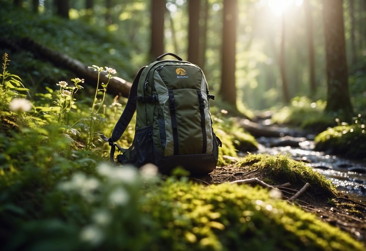 A trail winds through a lush forest, with sunlight filtering through the canopy. A backpack and hiking gear are scattered on the ground, next to a bubbling stream. Wildflowers and wildlife add to the sense of adventure