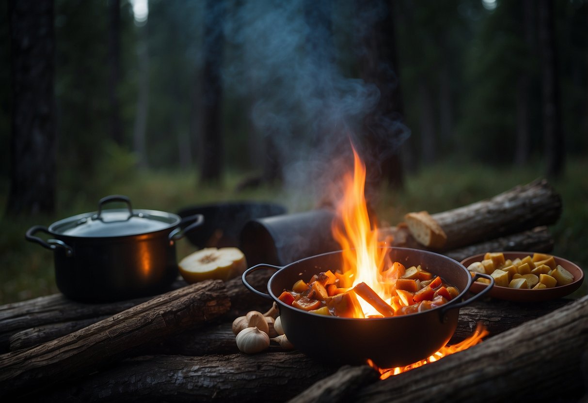 A campfire crackles as a pot of stew simmers. A backpack leans against a log, spilling out cooking utensils and ingredients. Nearby, a tent is pitched under the stars