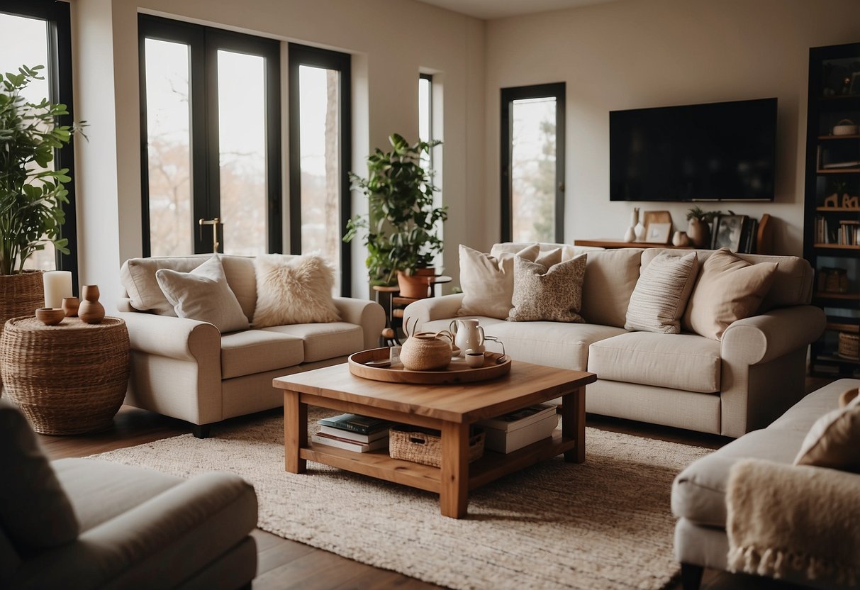A cozy living room with a plush sofa, a wooden coffee table, and a warm rug, all adorned with stylish harrows furniture