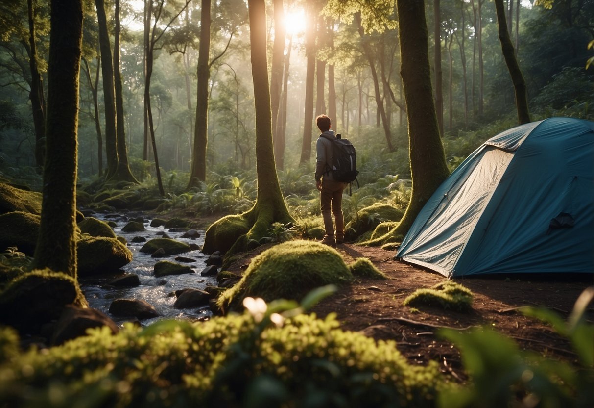 A backpacker sets up a tent in a lush forest, while nearby, a stream flows through the trees. Birds chirp and a deer grazes in the distance