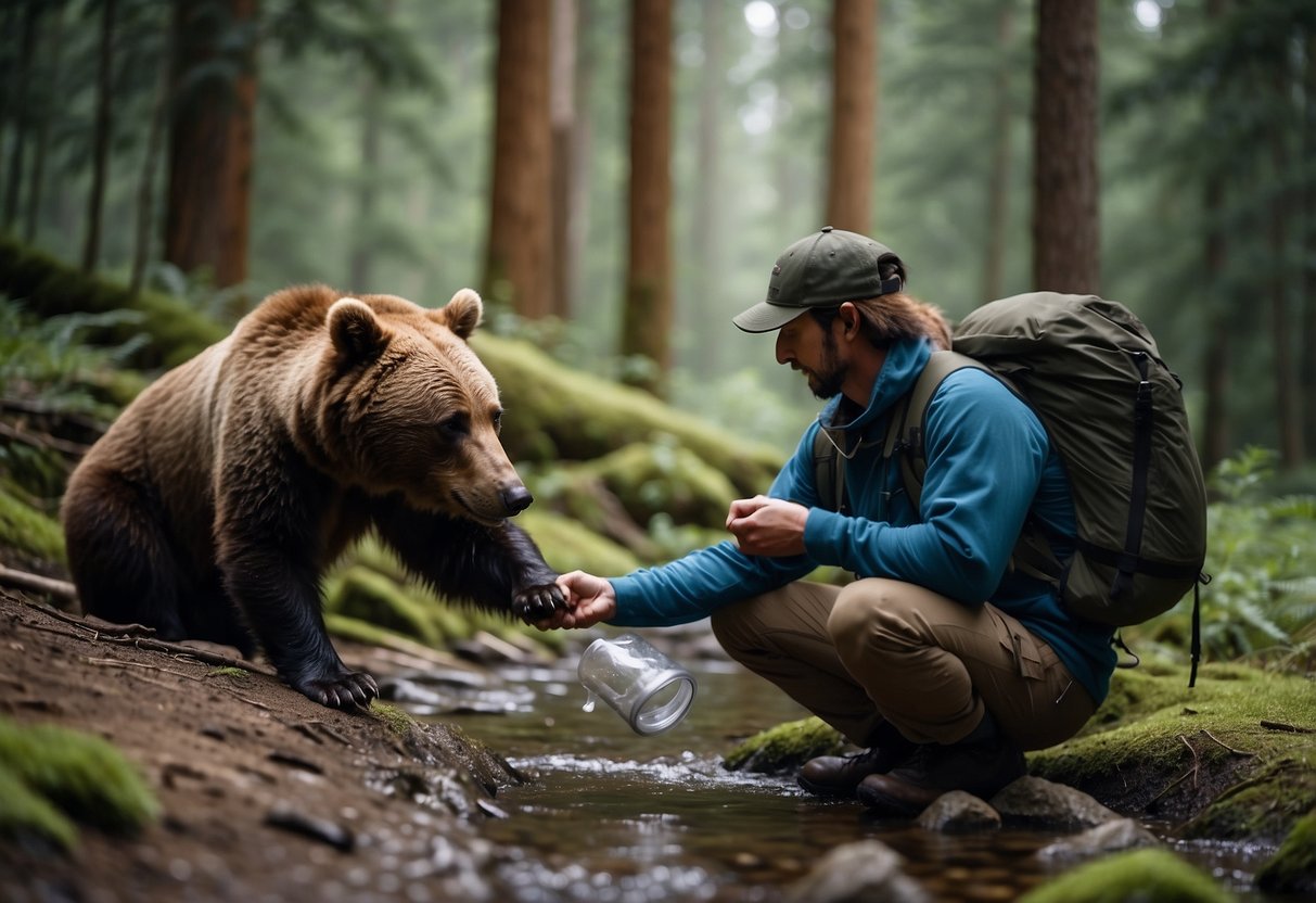 A backpacker sets up a bear-proof food storage system in a campsite surrounded by dense forest, with a clear stream running nearby. The backpacker follows guidelines for minimizing food odors and noise to avoid attracting bears