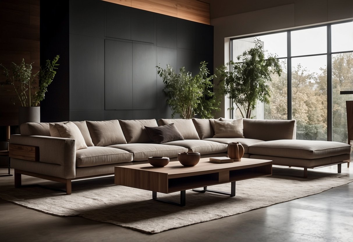 A modern living room with Henge furniture, featuring clean lines, natural materials, and innovative design elements