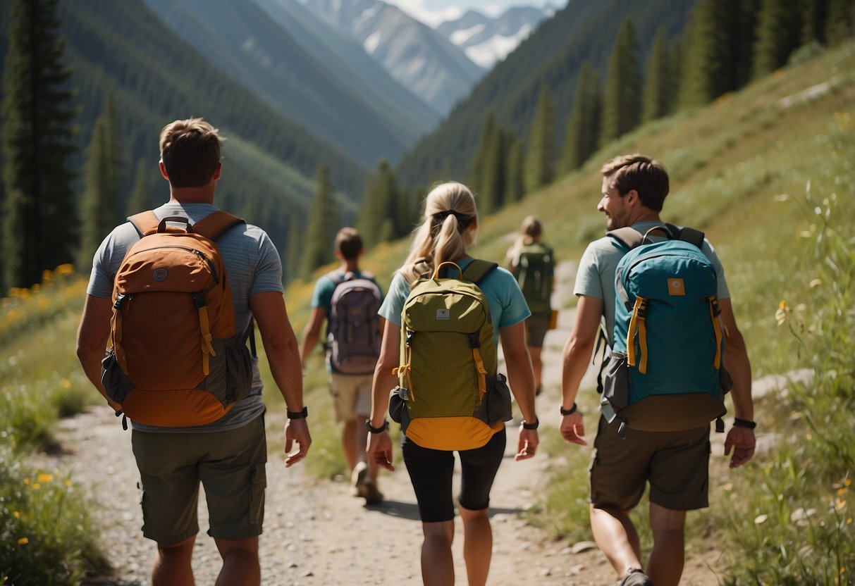 Hikers walking on a trail, clinking pots and pans, talking loudly, and singing. Backpacks and bear bells jingling. Trees and mountains in the background